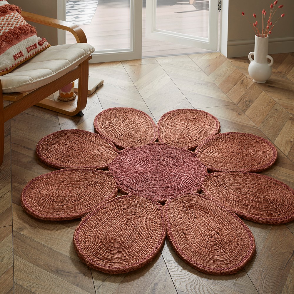 Spinningfields Circle Flower Jute Modern Rugs in Pink